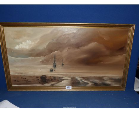 A framed Oil on board of a seascape with sailing ships, signed lower left F. Johnston '82, 32" x 18".