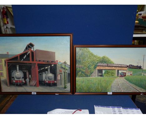 A framed Oil on board of a L & NWR train crossing a bridge, signed Ron Curtiss plus an Oil on board of two steam engines in e