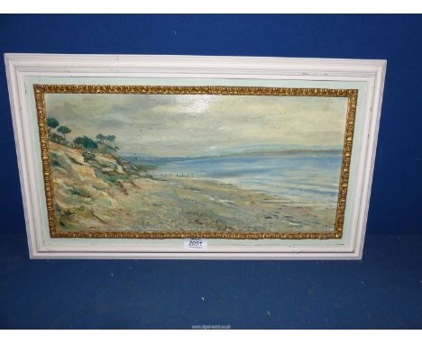 A framed Oil on board of a seascape with trees and rocky cliff to the foreground and hills in the background, no visible sign