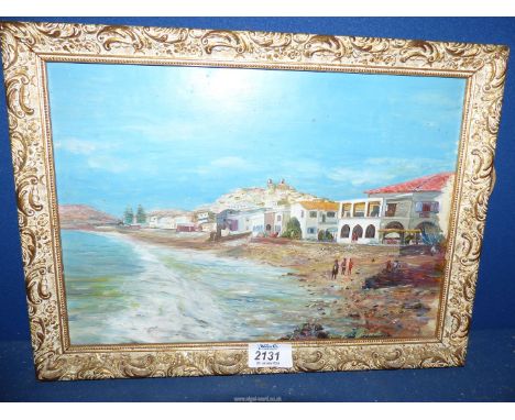 An ornately framed Oil on board of a continental seascape with houses lining the beach and figures, no visible signature, 14 