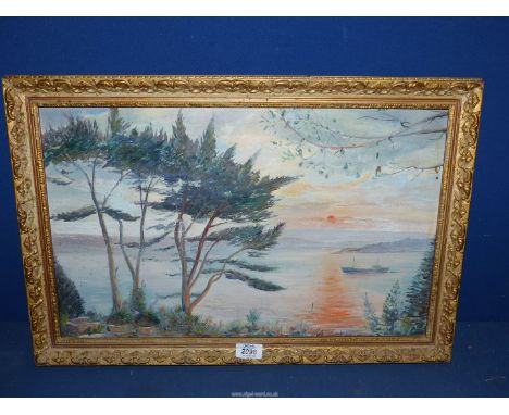 A framed Oil on board of a moonlit seascape with a fishing boat making for the open sea, no signature, 23 3/4'' x 16''.