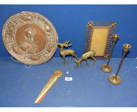 A quantity of brass and copper items including plaque of Henry VIII and Maria Auguste,(back a/f), copper picture frame, brass