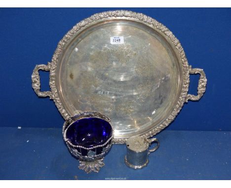A large two handled Tray with inscription date July 1971, along with R & Co. white metal bon bon dish with openwork frame, gr