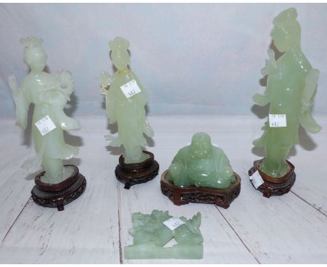 Two hardstone jade coloured figures of geisha girls; a similar Buddha; etc.
