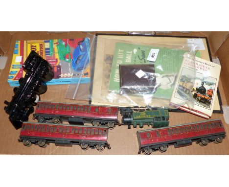 A green jade carved pendant; costume jewellery; A Walter Hagen driver; an 00 gauge locomotive; 3 carriages; etc.