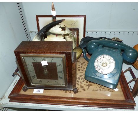 A 1970's vintage telephone; a mantel clock; a horn sculpture; a fretwork tray; horse brasses; etc.