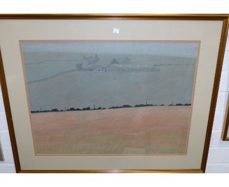 Derek Wilkinson:  Moorland landscape with farm buildings, pastel, signed, 15" x 23½", framed and glazed