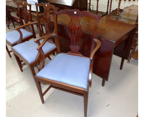 A Georgian mahogany drop leaf dining table with square end, and 5 (2 + 3) 19th century Chippendale style chairs (1 splat a.f.