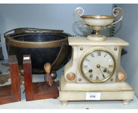 A French alabaster and gilt striking mantel clock; an EPNS mounted fruit bowl; a silver plated teapot; bookends
