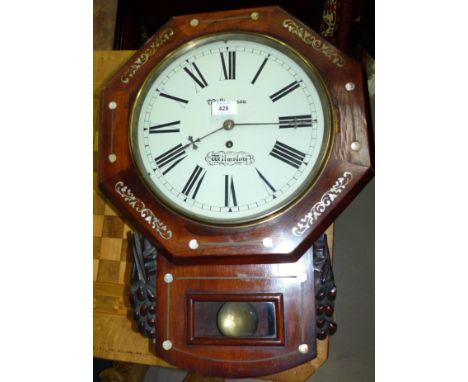 A 19th century rosewood drop dial wall clock with mother-of-pearl inlay, English single fusee movement, by Williamson, Wilmsl