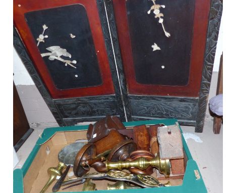 A 2-fold tapestry firescreen; treen and metalware