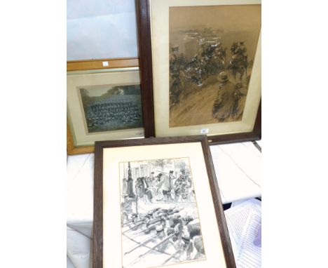 WWI:  Mounted soldier, heightened charcoal sketch; 2 military prints