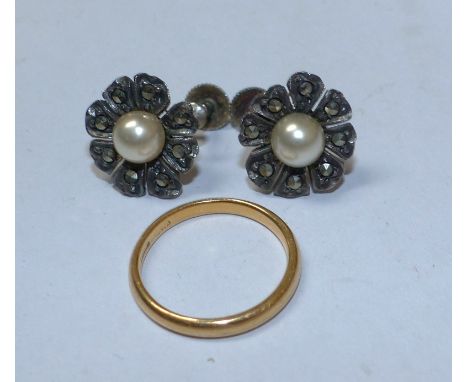 A gold wedding ring, marks unclear, tests as 22 carat, 2.5gm and a pair of 1930's marcasite and pearl effect earrings