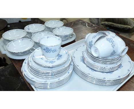 A Susie Cooper part dinner and tea service with silver and blue leaf decoration, 43 pieces approx