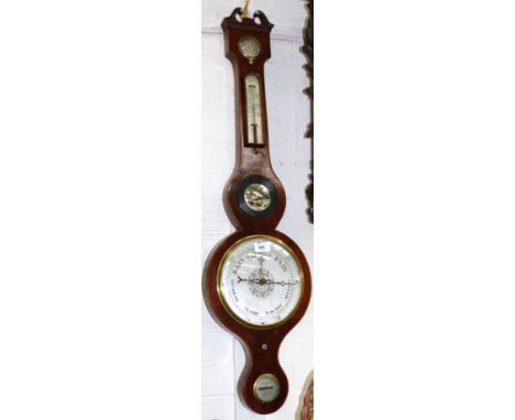 An early 19th century mahogany banjo shaped mercury column barometer with boxwood and ebony banding, silvered scale, level, m