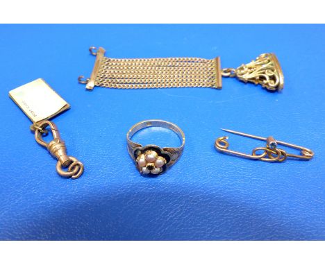 A Victorian pearl and enamel ring, stamped '18CT' a.f.; a sapphire set bar brooch 4.1gm; a gold plated seal fob on chain