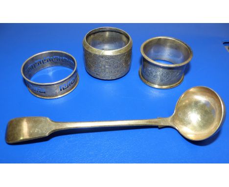 A Georgian sauce ladle, London 1837; 3 hallmarked silver napkin rings