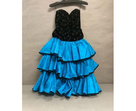 A vintage 1980's strapless dress in blue and black by Emanuel size 10  