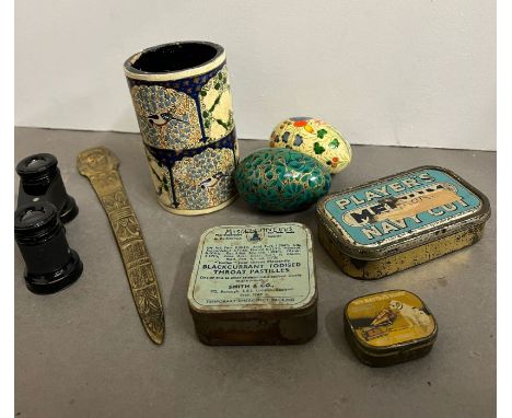 A collection of paper mache pots, eggs, vintage tins etc 