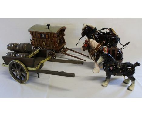 3 ceramic shire horses &amp; gypsy caravan / cart