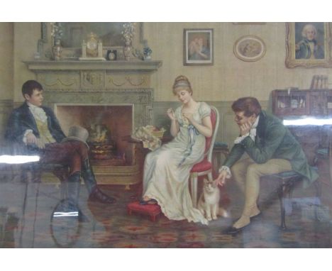 Large oak framed Edwardian colour print 'Two strings to her Bow' approx. 88.5cm x 69cm (includes frame)