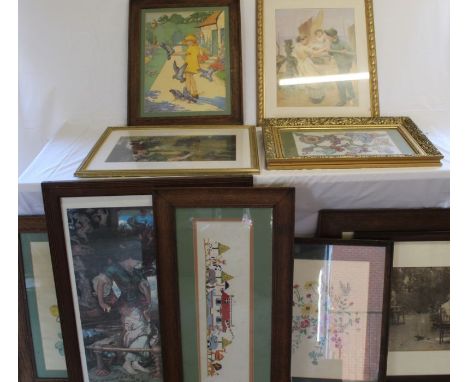 Selection of framed prints including vintage K Nixon &amp; embroidered panels