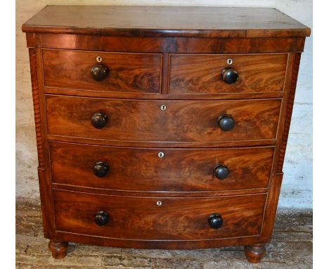 Victorian bow fronted mahogany chest of drawers with barley twist corners Ht 109cm W 103cm D 54cm