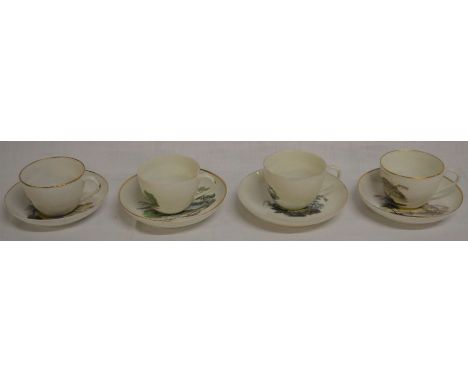 4 early 19th century bute shape tea cups &amp; saucers possibly Pinxton with landscape decoration , two marked 218