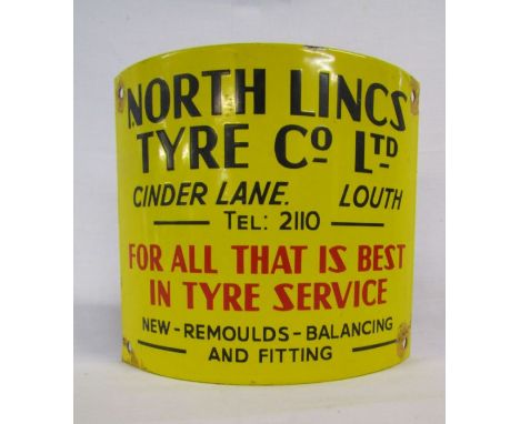 Metal Enamel Telegraph pole sign North Lincs Tyre Co, Cinder Lane, Louth Ht 20cm W 22cm