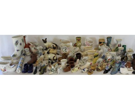 Collection of ceramic boots &amp; 3 Beswick Siamese cats (some damage)