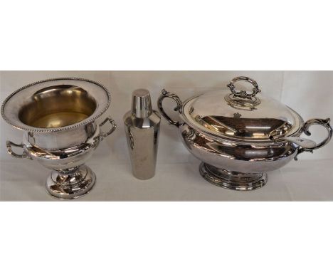 Silver plate campana shape wine cooler, silver plate soup tureen with ladle &amp; a cocktail shaker