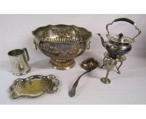 Collection of silver plate including a punch bowl with ladle, spirit kettle etc