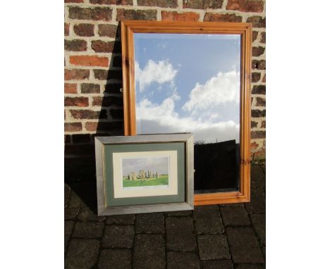 Bevel edged pine mirror and a limited edition print by Michael Long of Stonehenge 190/600
