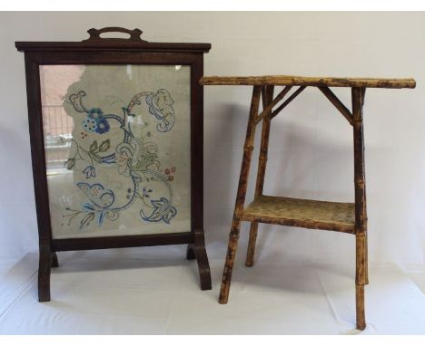 Art Deco mirror &amp; 1 other, bamboo table &amp; mahogany framed embroidered firescreen