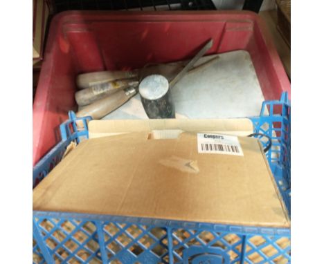 A small box of tools to include a COOPERS 8749 air compressor with fitting for a car cigarette lighter plus the tools needed 