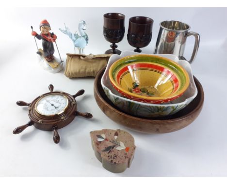 A mixed lot of decorative items to include two African wooden goblets, a ship's wheel thermometer, a Sheffield pewter tankard