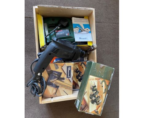 A super box of power tools containing BOSCH PST50A Jigsaw, Black &amp; Decker BD163V drill, RECORD Mitre cutting cramp, MARPL