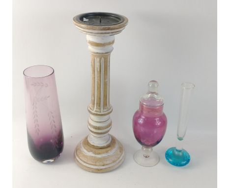 Three pieces of colourful glass to include a Caithness glass style vase standing 23cm high, an apothecary style vase with lid