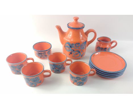 A retro orange and blue trimmed coffee set for four in German pottery by SCHRAMBERG TIVOLI comprising cups, saucers, milk jug