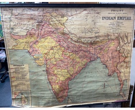 FASCINATING AND COLOURFUL c1950's VINTAGE EDUCATIONAL PHILIP'S smaller school room wall map of THE INDIAN EMPIRE scale 1:4,00