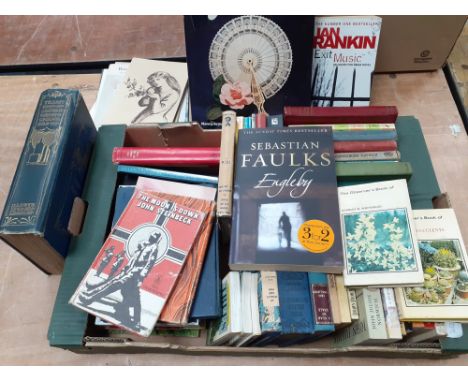 A box of general English fiction to include a first edition PD James 'Death in Holy Orders', TRADITIONS of EDINBURGH by R CHA