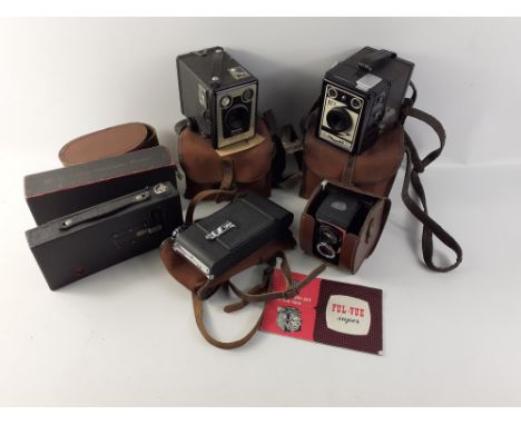 A collection of 5 VINTAGE CAMERAS including a KODAK 2A Folding Autographic Brownie with (damaged) box; a ROSS ENSIGN FUL-VUE 