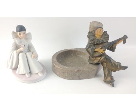 A PIERROT pottery clown figurine 12cm height approx with a mandolin playing Pierrot figure sitting on a bon bon dish in heavy