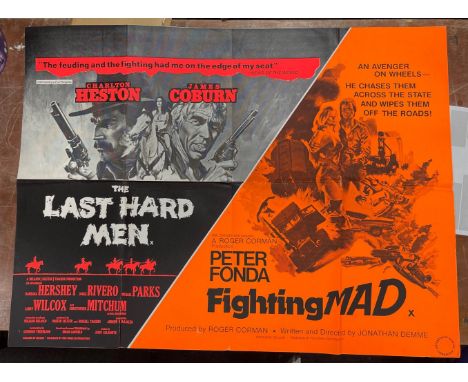 THE LAST HARD MEN Charlton Heston &amp; James Coburn split poster with FIGHTING MAD with Peter Fonda bright orange split with