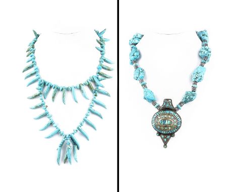 Two (2) Vintage Chunky Turquoise Necklaces. One, Tibetan with sterling clasp and pendant. Unsigned. Measures 21" L and 18" L.