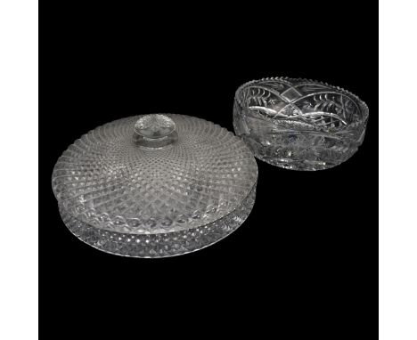 Two (2) Vintage Pressed Glass Serving Dishes. Includes: fruit bowl, covered relish tray. Unsigned. Tray measures 10-1/2" dia.