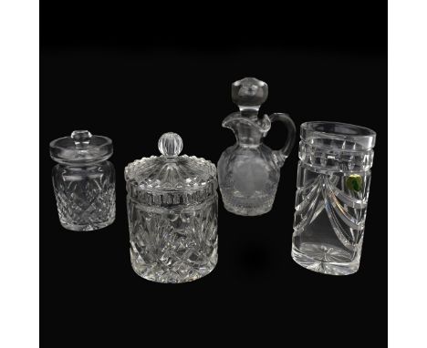 Grouping of Four (4) Vintage Tableware. Includes: Waterford covered jar, Waterford vase, cut glass covered jar, and etched gl