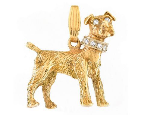 Vintage 14 Karat Yellow Gold and Diamond Dog Pendant. Stamped 14K. Measures 1-1/4" H, 1-1/8" L. Approx. weight: 22.8 grams. D