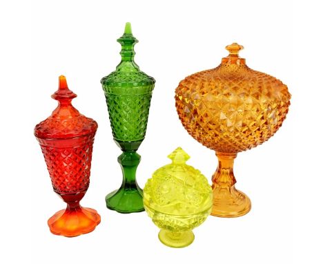 Grouping of Four (4) Vintage Carnival Glass Covered Compotes. Various colors and patterns. Tallest measures 15-1/2" H x 4-1/2