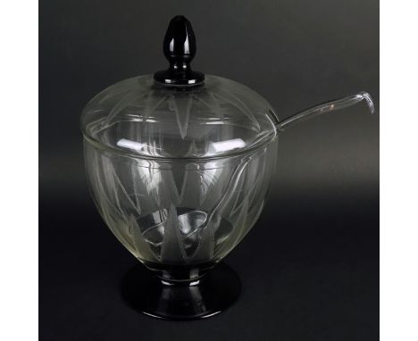 Large Vintage Colored and Clear Glass Covered Punch Bowl with Ladle. Textured pattern on surface and lid, colored foot and fi
